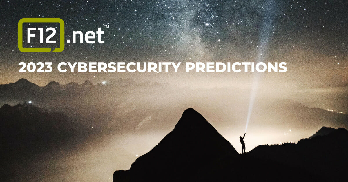 2023 Cybersecurity Predictions (1200 × 628 px) Person gazing into a starry night on top of a mountain promoting the 2023 cybersecurity predictions