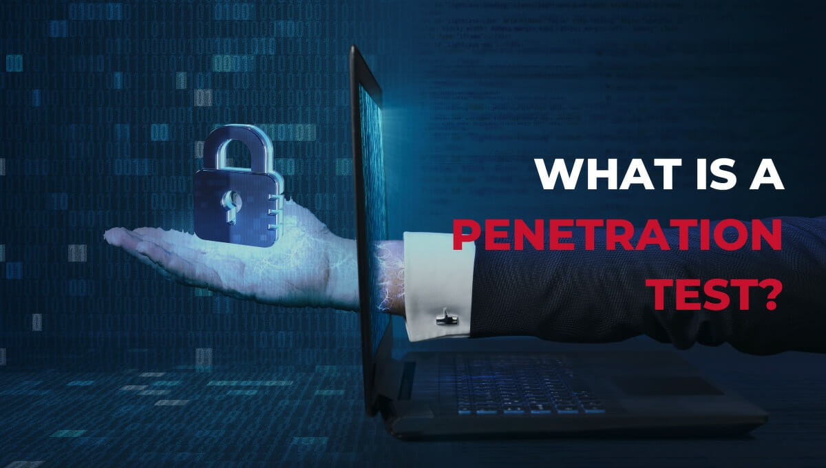 Hand holding a padlock with the question "What is a penetration test" written on the arm