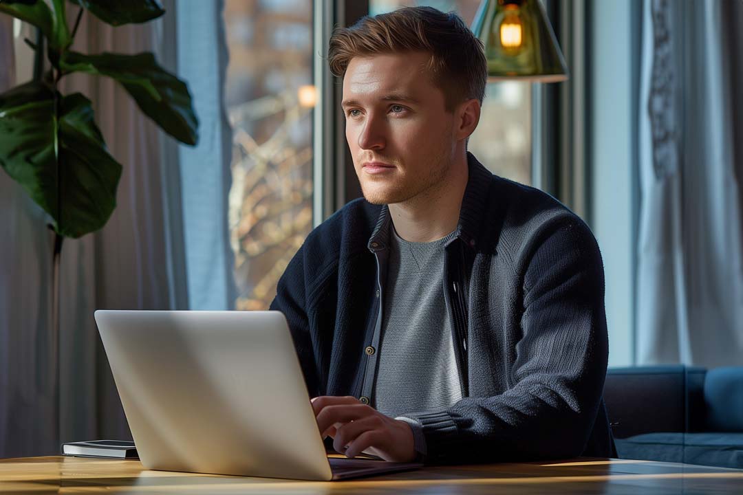 Man working on a laptop at a home office