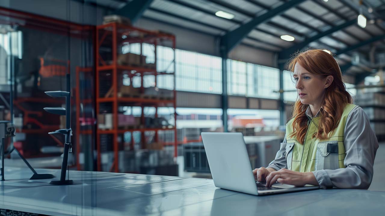 Female warehouse manager working on a laptop