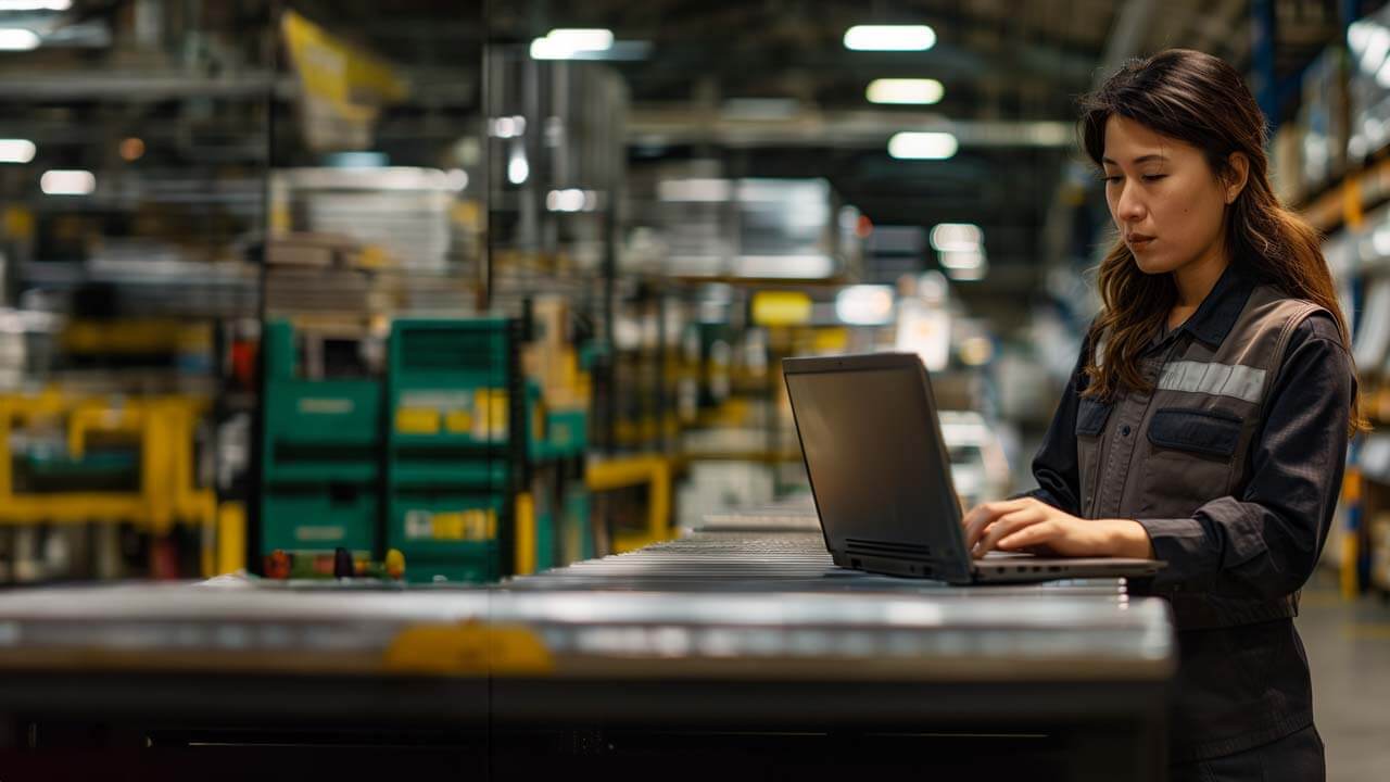 Woman working on a laptop in a manufacturing environment
