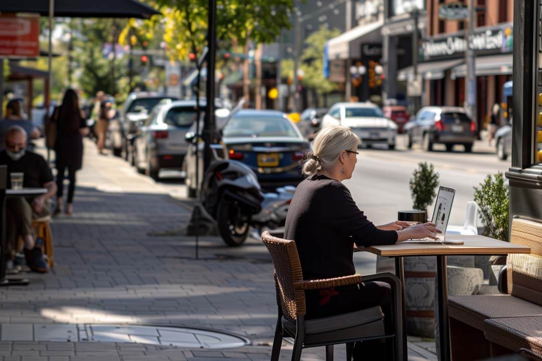 Woman at an outdoor restaurant in Waterloo, Ontario
