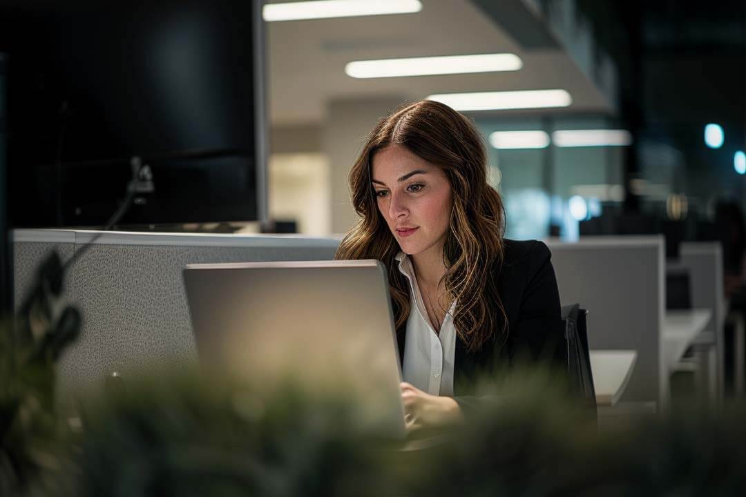 Woman working on a laptop in a modern office
