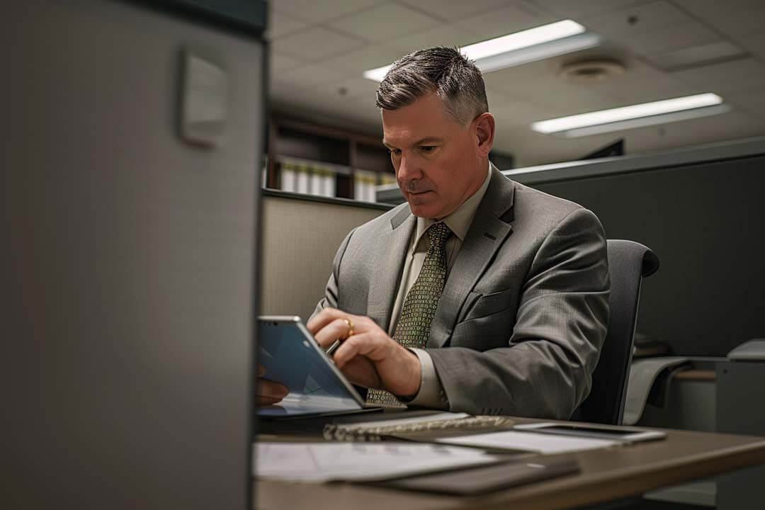 Man typing on laptop in modern office