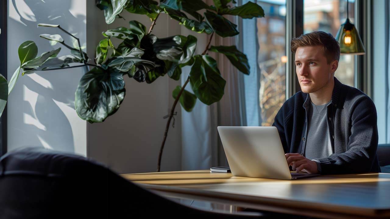 Man working on a laptop at his home office