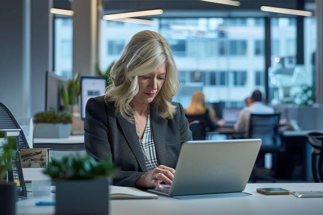 Woman working on a laptop at a modern office