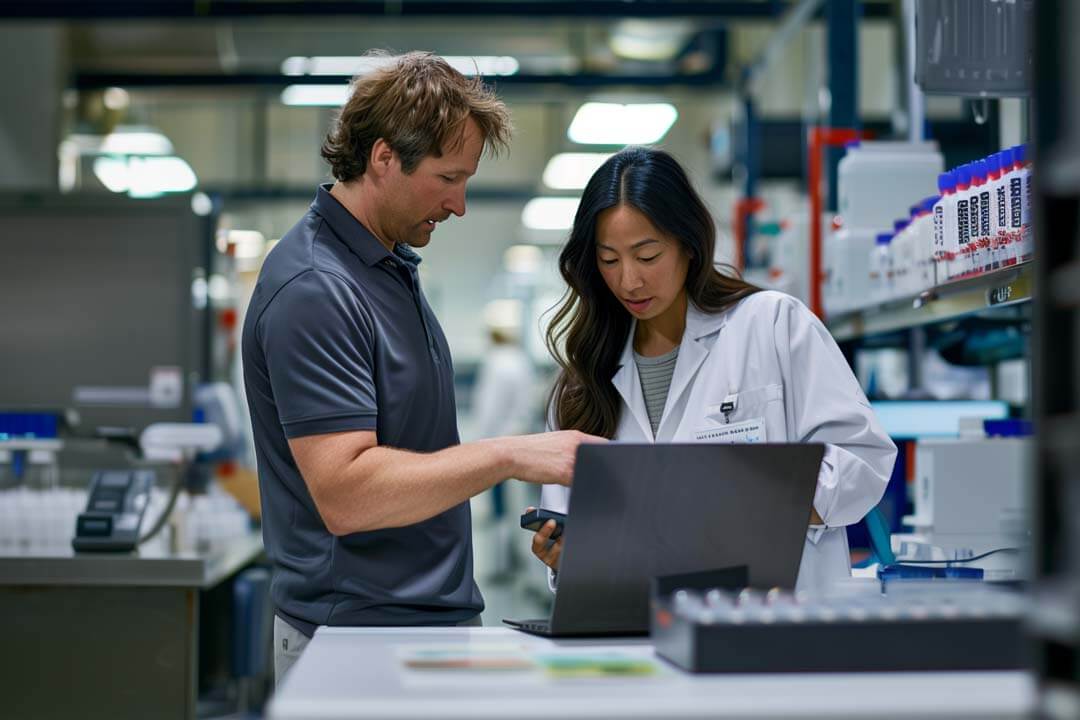 Man and woman reviewing pharmaceutical data on a laptop in a manufacturing facility