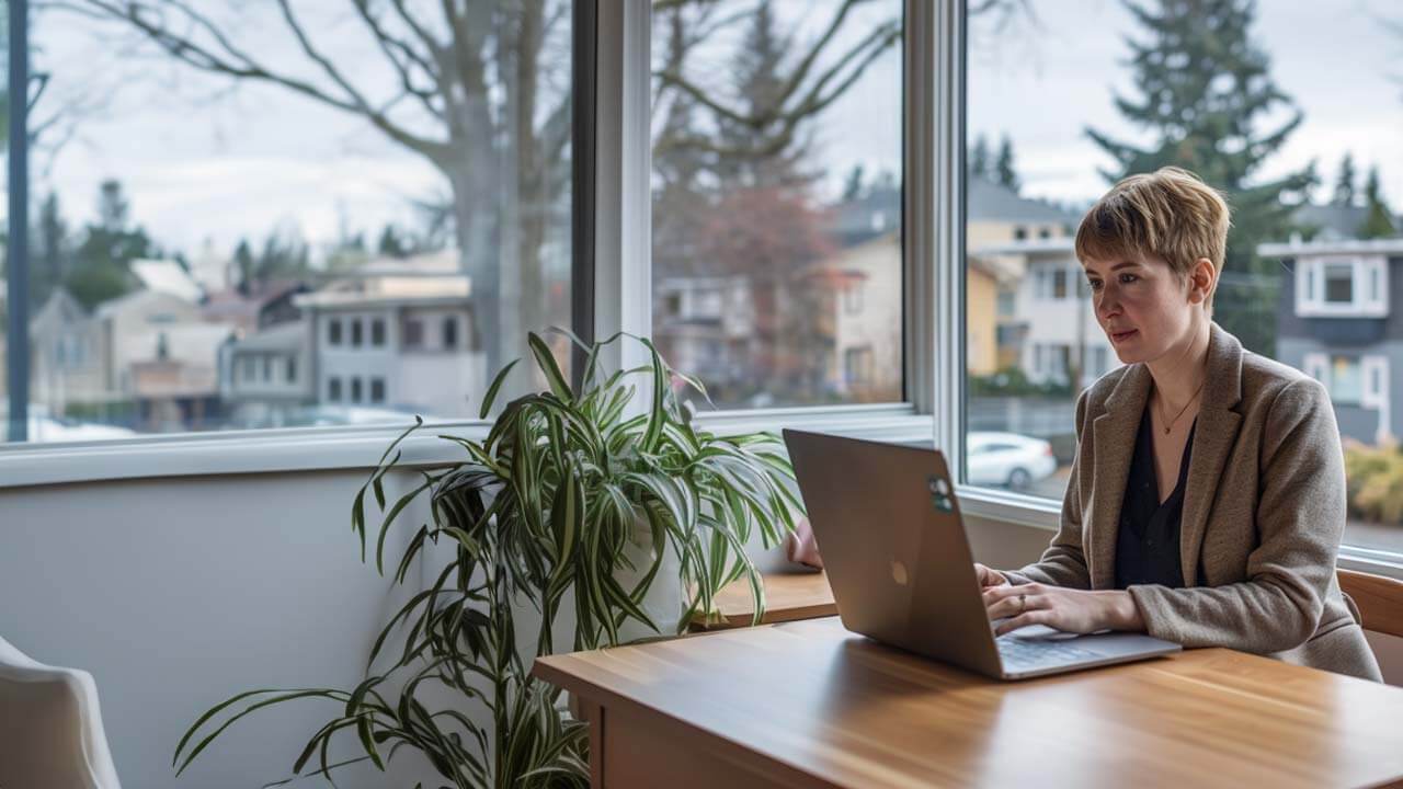 Woman working on her laptop at a modern home office