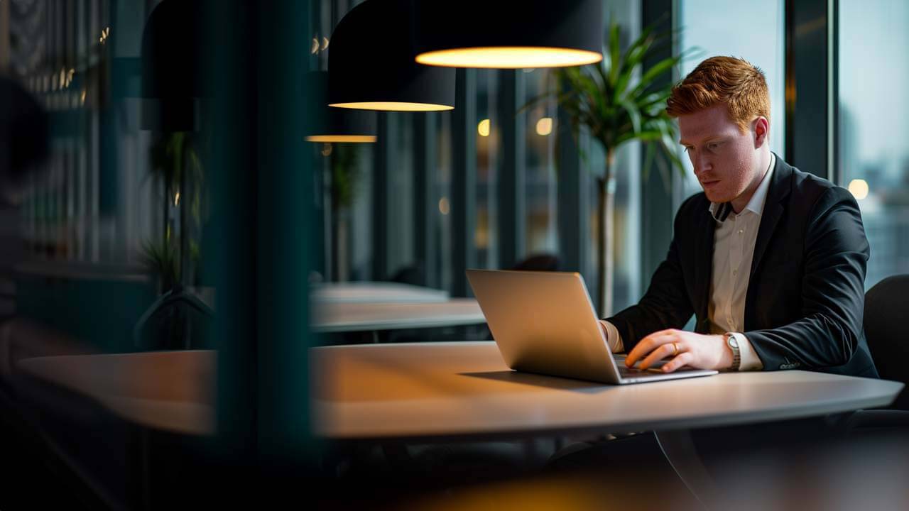 Man working on a laptop at a modern office