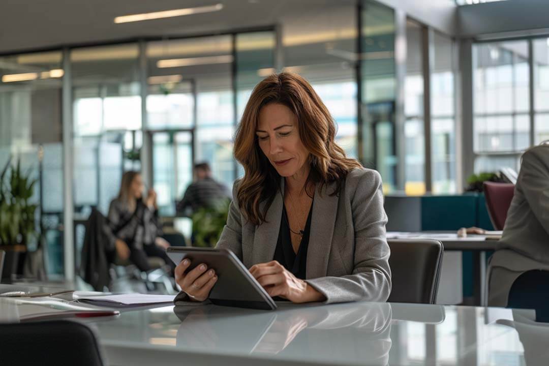 Woman working on a tablet at a modern office