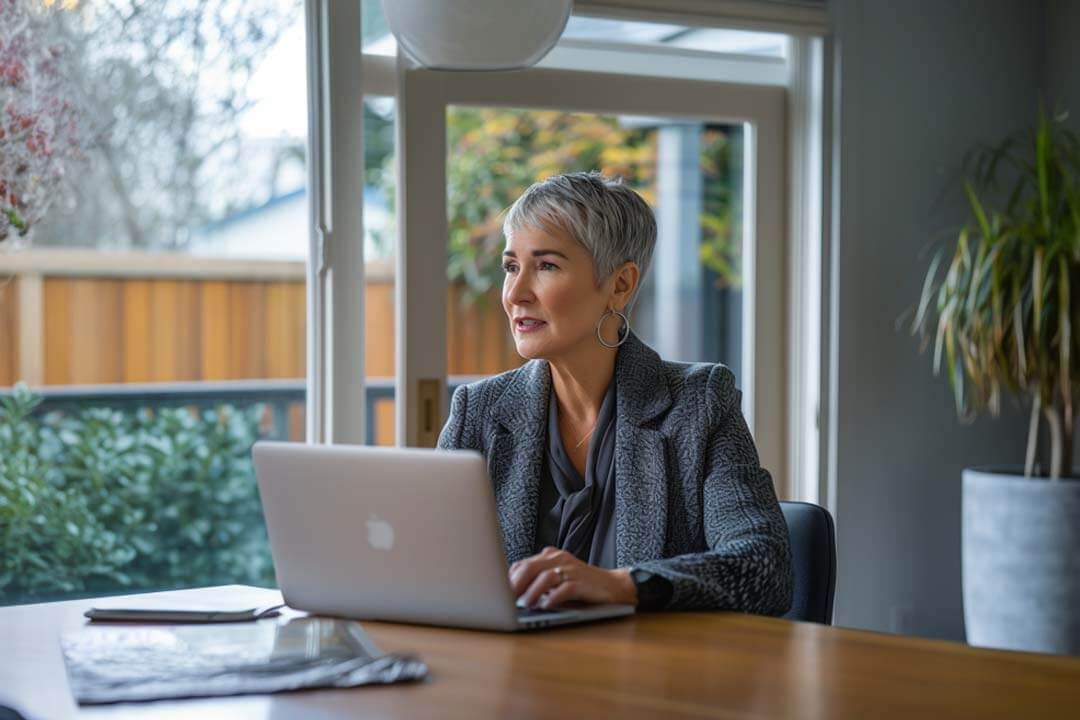 Woman working on her laptop at her home office
