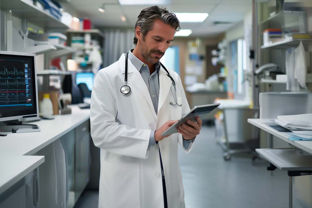 Doctor working on a tablet at a doctors office