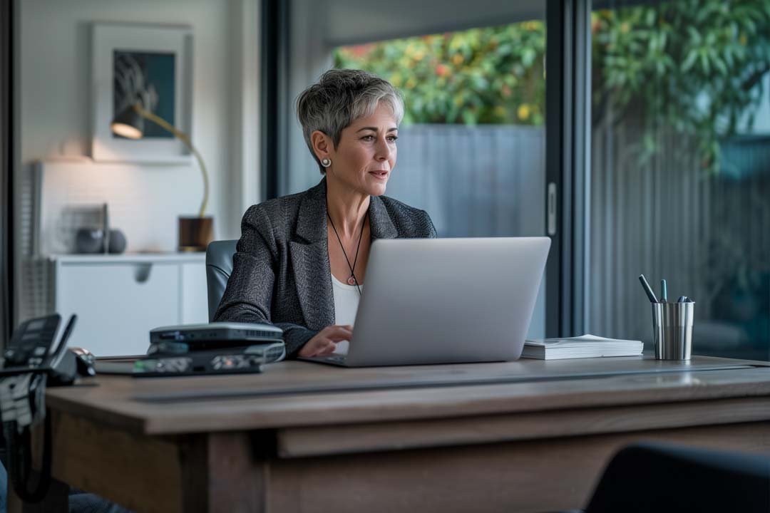 Woman working on a laptop at her home office