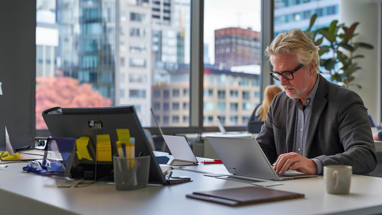 Man working on a laptop in a modern office