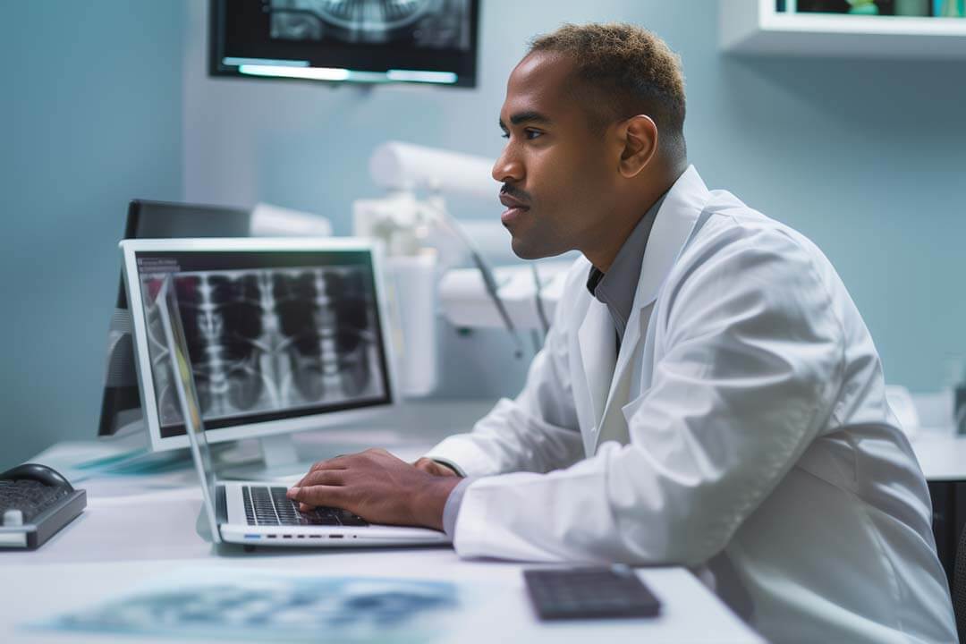 Male dentist working on a laptop in his office