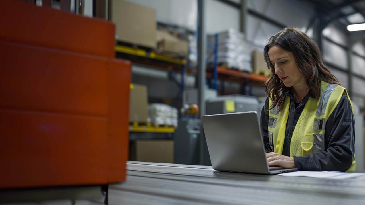 Woman warehouse manager working on a laptop