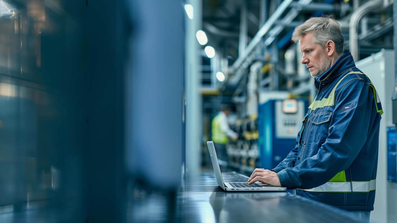 Man working on a laptop at an energy facility