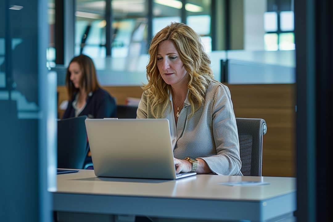 Woman working on a laptop at a modern office