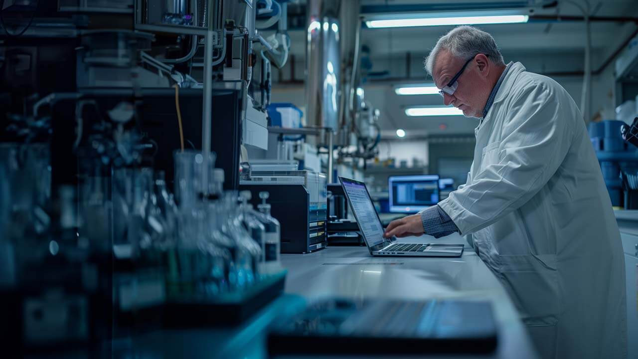 Pharmaceutical scientist working on a laptop in a lab