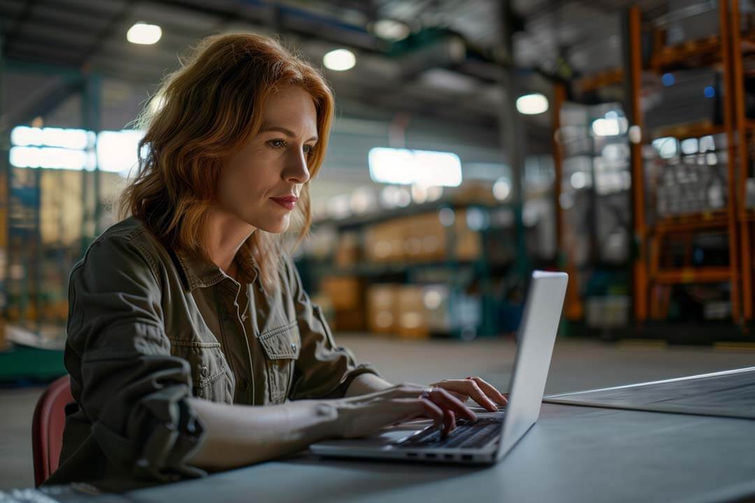 Female warehouse manager using a laptop