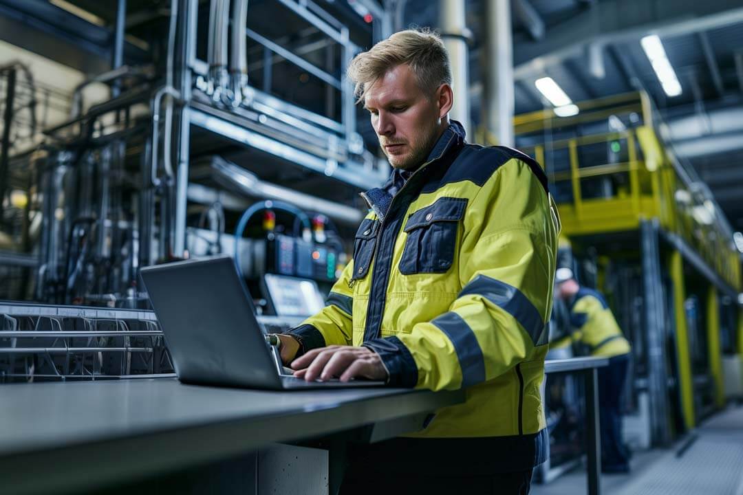 Man working on a laptop in an energy facility