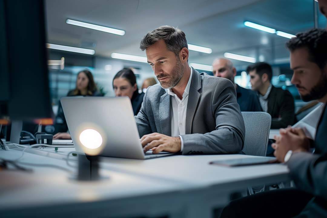 Professional man working on a laptop at a desk in a modern office