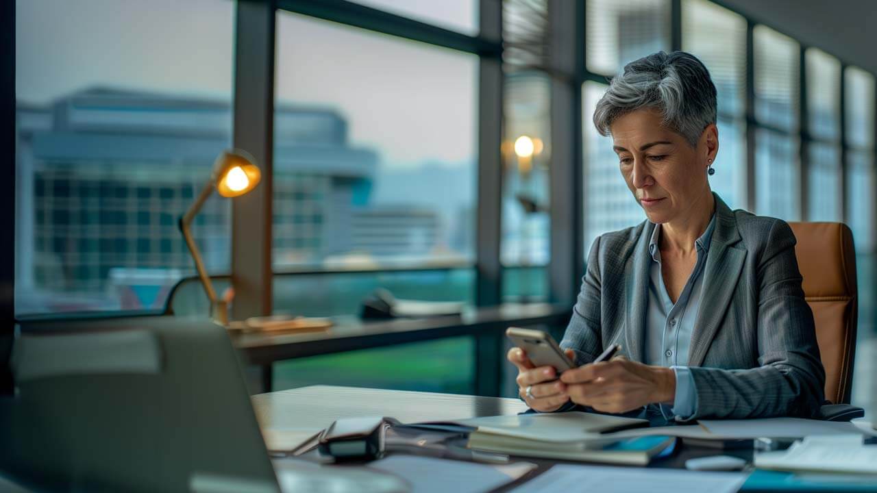 Professional woman texting at a desk in a modern office
