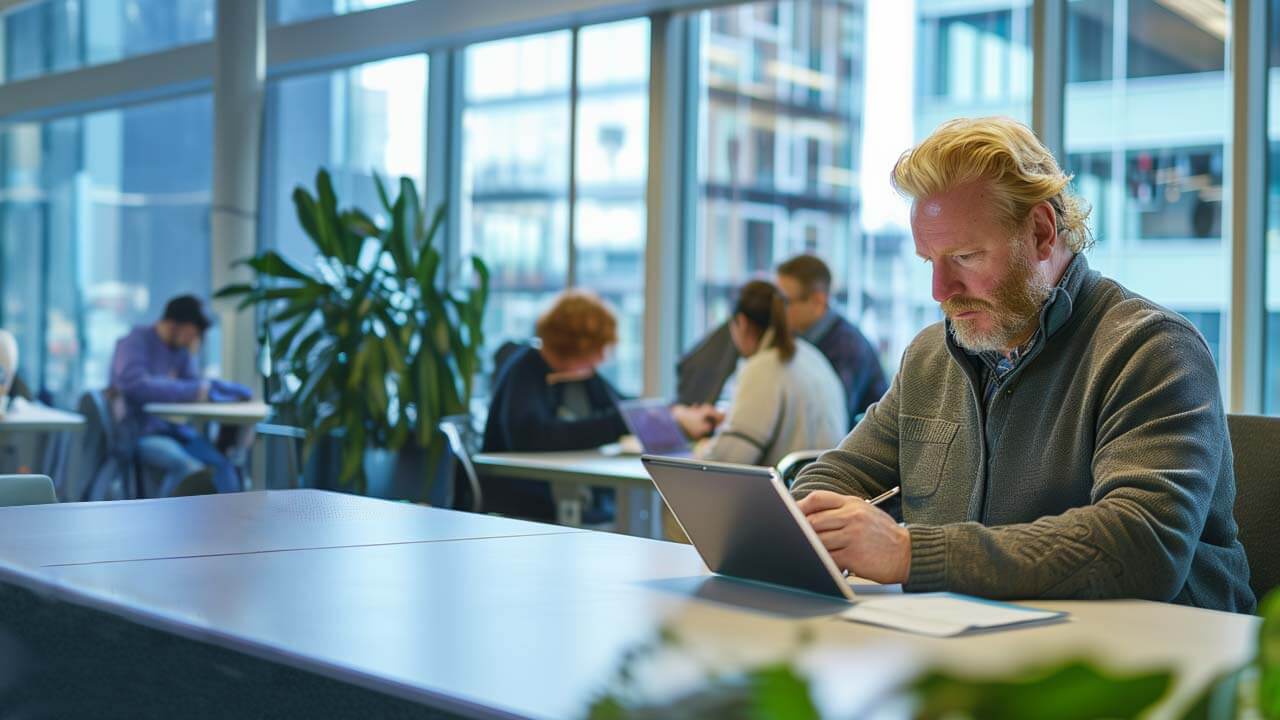 Man working on a laptop in a modern office