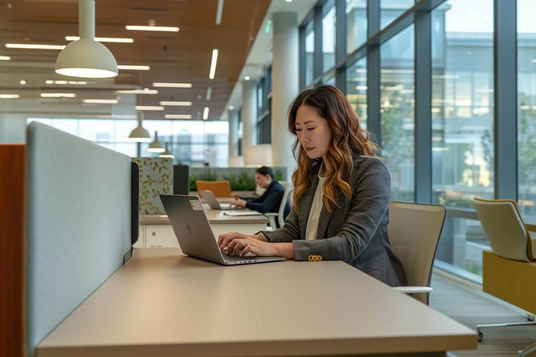 Woman working on a laptop in a modern office