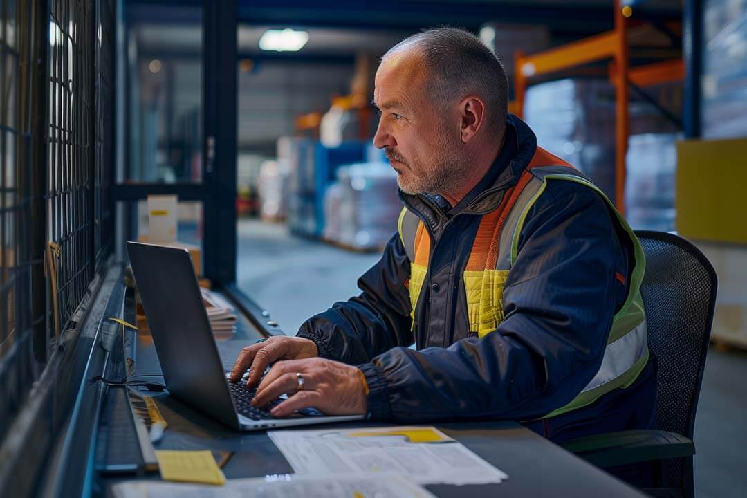 Man working on a laptop in an industrial setting