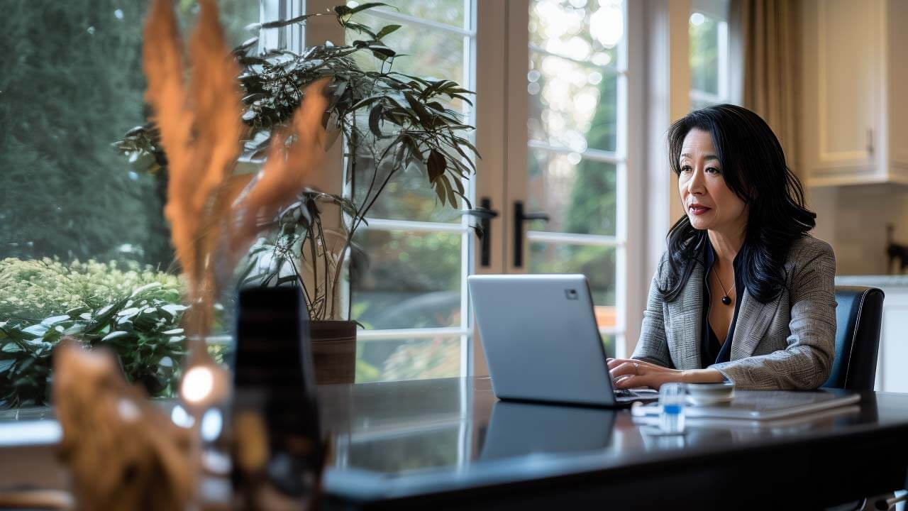 Woman working on her laptop at a modern home office