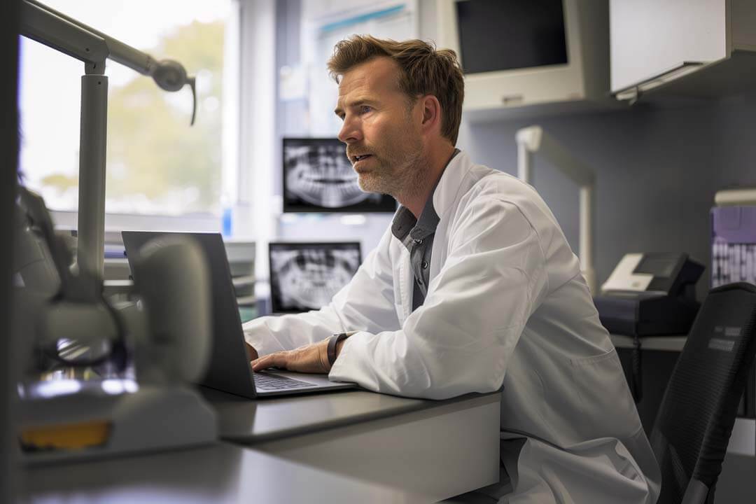 Male dentist working on a laptop at his dental office