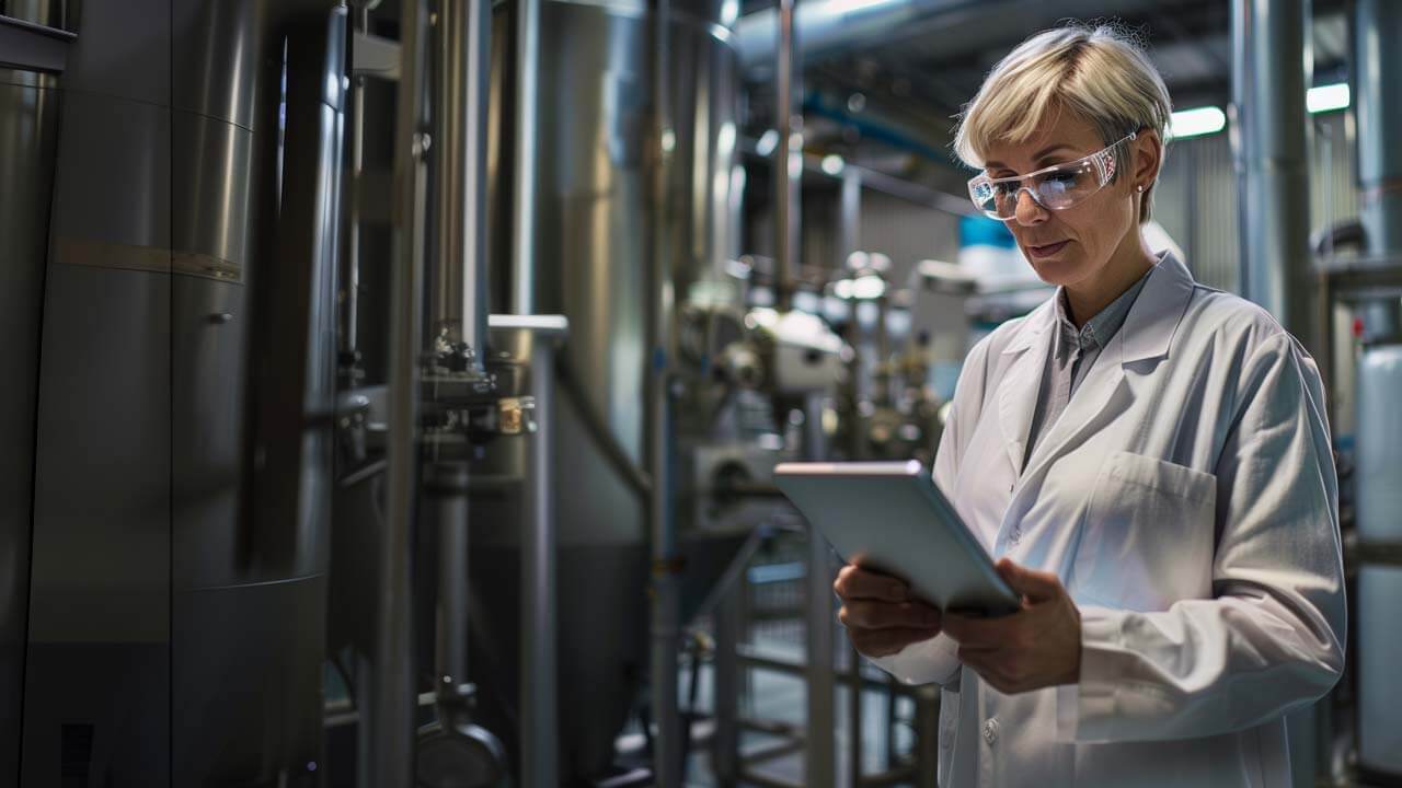 Woman working on a tablet at an energy facility