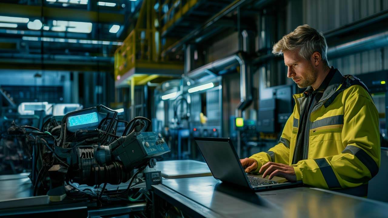 Man working on a laptop in a modern warehouse