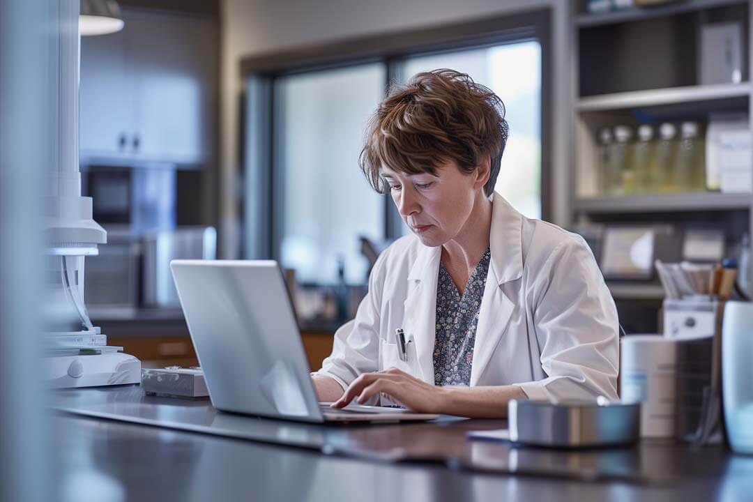 Woman doctor working on a laptop at a healthcare facility