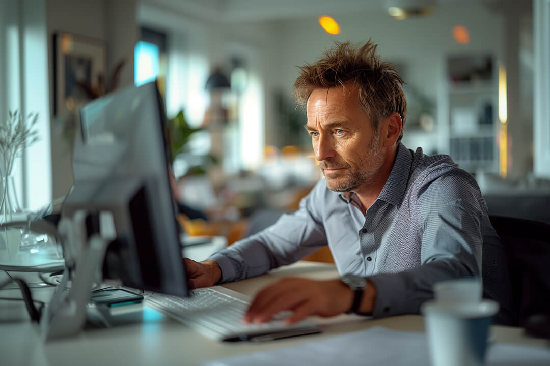 Man working on a laptop at a home office
