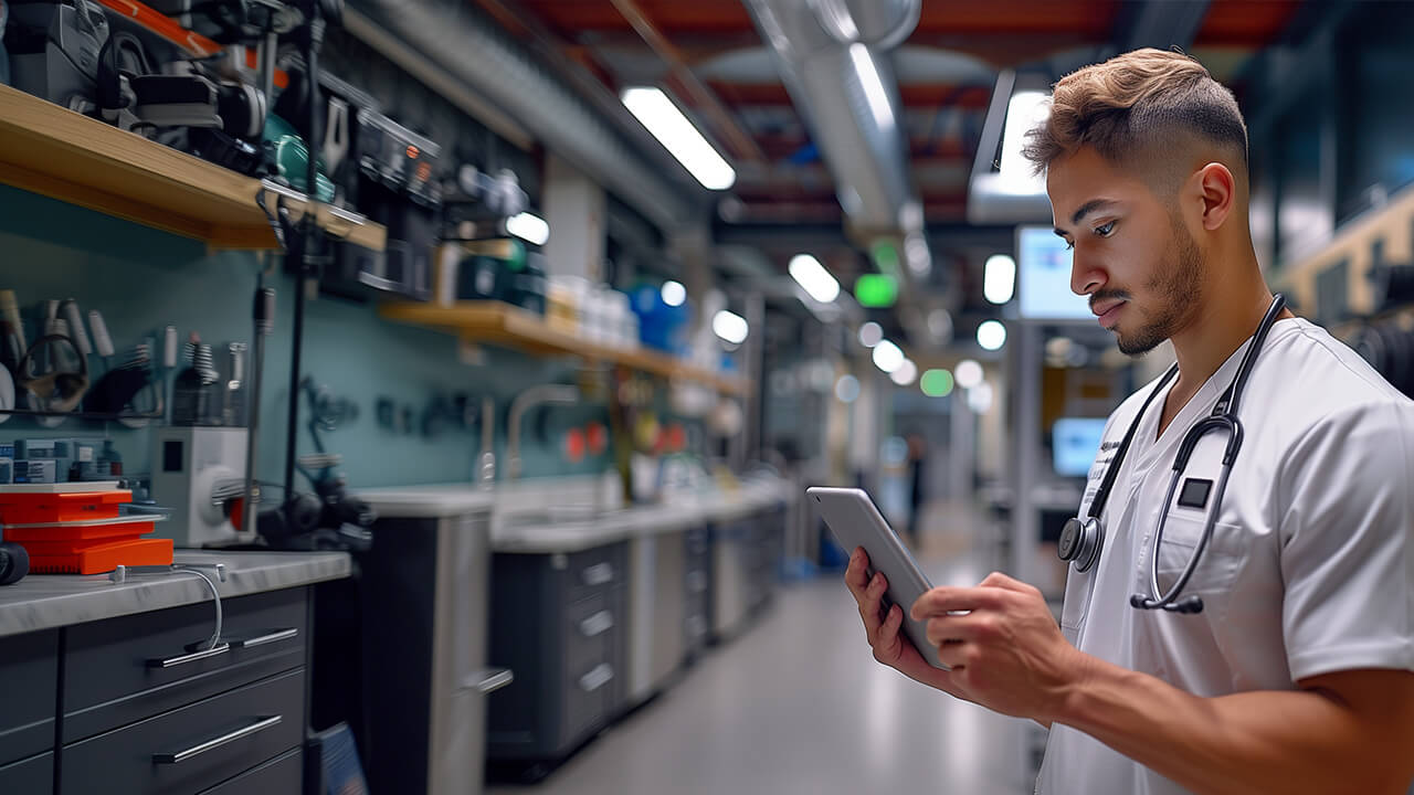 Female warehouse manager working on a laptop