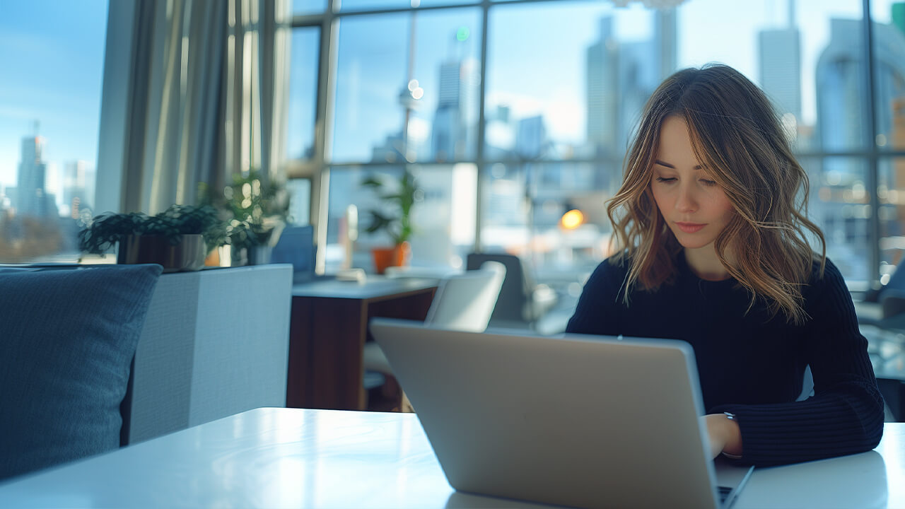 Woman typing on laptop in cafe