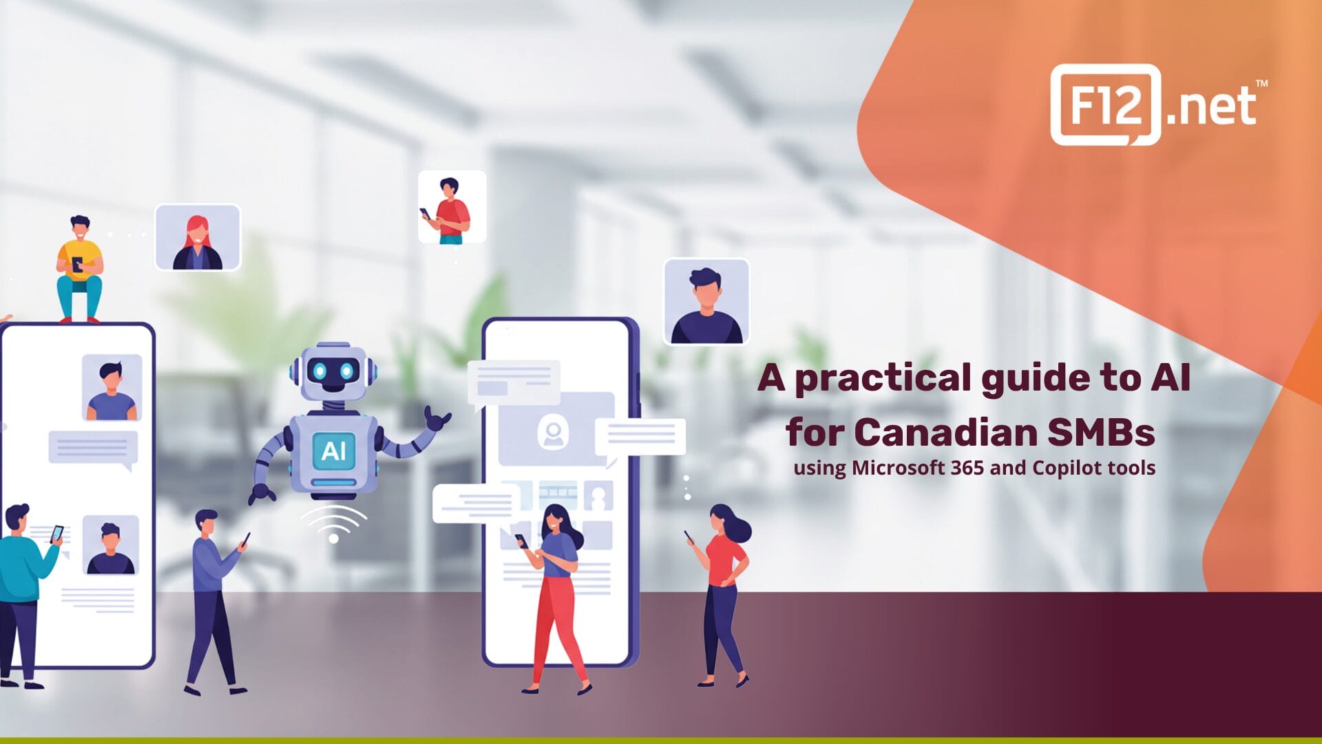 A Practical Guide to AI for Canadian SMBs – F12.net Illustration of Canadian professionals using AI in Microsoft 365 with Copilot, featuring the F12.net logo and the title ‘A practical guide to AI for Canadian SMBs.